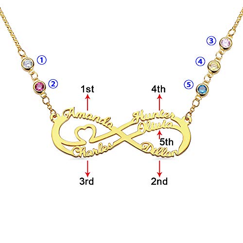 Infinity Necklace Personalized Five Name with Simulated Birthstones - 925 Sterling Silver Custom 5 Name Family Necklace2