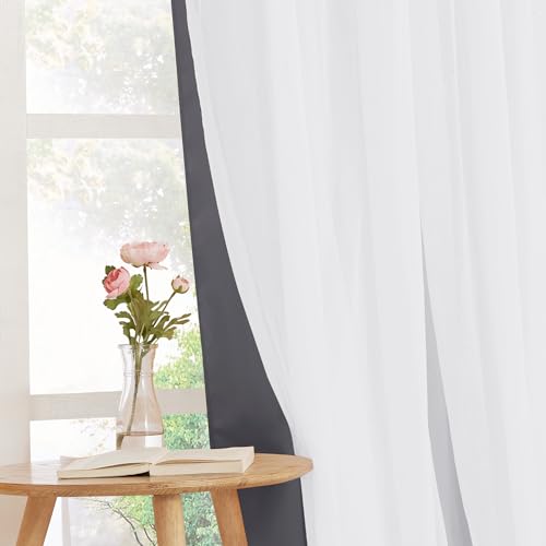 Image of PONY DANCE Double Layer Curtains, 52 by 84 inches, Grey, 2 PCs | 84 inches Long for Living Room Blackout Curtains & Drapes with White Crushed Voile for Bedoom