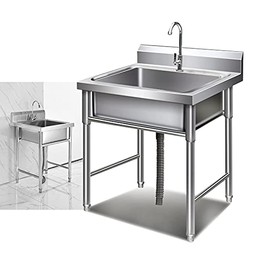 J-DYHGB Evier Jardin Professionnel Cuve Simple, Indépendant Cuisine INOX, avec Robinet, Accessoires D'installation Et Tuyau De Vidange, pour Exterieur Intérieur (Size : L50cm W50cm H80cm) Argenté
