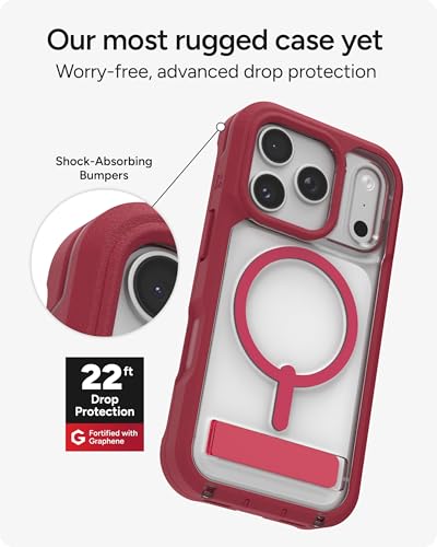 Image of ZAGG Rainier Case with Kickstand for iPhone 17 Pro - Red Black Cherry, Graphene 22ft (7m) Drop Protection, Lanyard Attach Points, MagSafe, Wireless Charging Compatible, 2-Piece Design, Phone Case