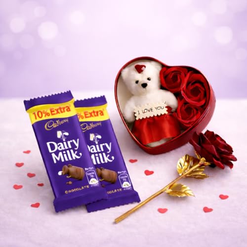 The Click India Chocolate Gift with 24K Arificial Flowers Showpiece Heart Shape Valentine day Gifts For Girls Woman Boys Men- Best Valentines Gift For Girls| Girlfriend| Boyfriend| Husband| Wife (Birthday)