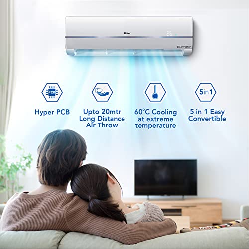 Image of Haier 1.0 Ton 3 Star Frost Self Clean Inverter Split AC(100% Copper with 5-in-1 easy convertible, 60 degree Cooling at Extreme Temperature, 2022 Model, HSU12C-TMB3B(INV), White body with Blue Strip)
