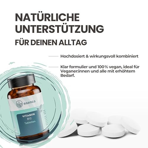 Vitamin B12 Tabletten hochdosiert – 365 Tabletten Jahresvorrat – 250 µg Vitamin B12 + 200 µg Folsäure – vegan – ohne Zusatzstoffe