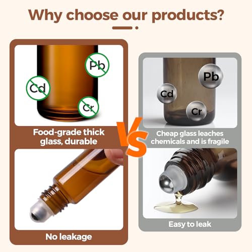 ComSaf 24 Pcs Roller Bottles for Essential Oils 10ml, Update Triple-Lock Seal Roll on Bottles Amber Perfume Glass Roller Balls for Essential Oils with Full Accessories3