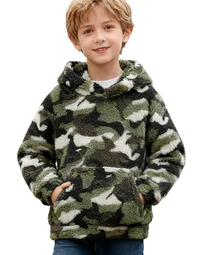 Image of Momkonzz Boys Fleece Hoodies for Youth Sherpa Lined Hooded Sweatshirt Camouflage Pullover Autumn Winter 7-12T (Camo 9-10T)