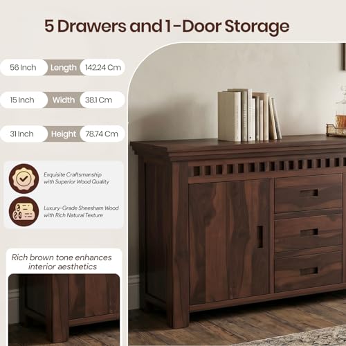 Image of SHIKHA WOOD CRAFT Solid Sheesham Wood Sideboard Cabinet with 2 Doors and 3 Drawers | Wooden Kitchen Cabinet, Crockery Unit, Dining Room Organizer, Living Room Storage Furniture (Kuber Walnut Finish)