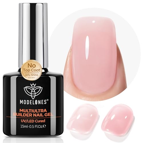 Image of modelones Builder Nail Gel, Soft Pink Builder for Nails No Top Coat Needed, Glossy Jelly Finish Blush Pink, No-Wipe, C-Curve Sculpting, 9-in-One LED Lamp Cured Color Gel Polish for Quick Diy Salon