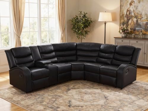 L-Shaped Leather Reclining Sofa with Cup Holders