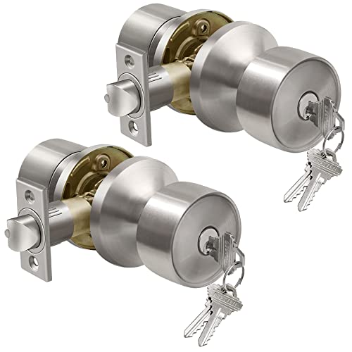 Bestten [2 Pack] Geneva Series Keyed Alike Entry Door Knob Set With Key, Entrance Door Lock For Front Door, All Metal, Satin Nickel #TOP29