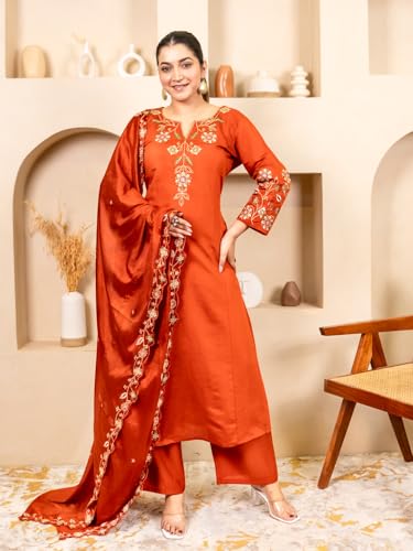 Image of VredeVogel Women's Silk Blend Embroidered Anarkali Kurta with Pant & Dupatta Set | Festive & Casual Women Ethnic Kurta Set for Women