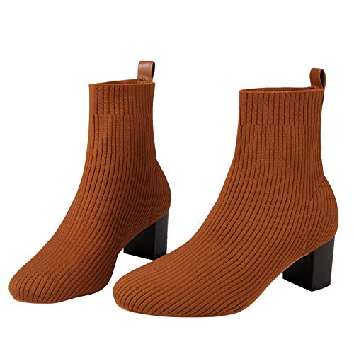 Gatuxus Women's Glove Chunky Mid Heel Ankle Boots Pointed Toe Knit Sock Style Booties Casual Warm Shoes (Brown, Numeric_10) #TOP2