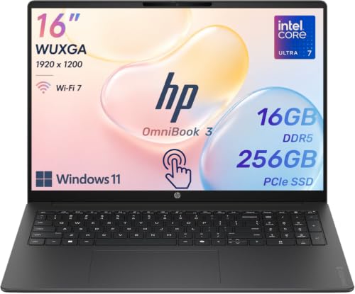 Image of HP OmniBook 3 16 inch Next-Gen AI Business Touchscreen Laptop, Intel Core Ultra 7 255U (12-Core), 16GB DDR5 RAM, 256GB SSD, WUXGA IPS Display, Numeric Keypad, Wi-Fi 7, Windows 11