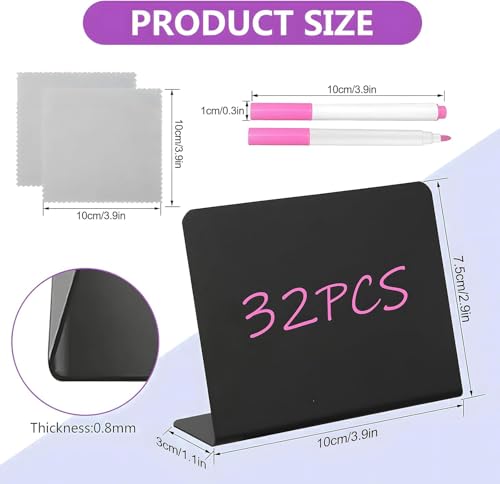 Mini Kreidetafel Set,32 Stück kreidetafel kleine + 8* Stift + 2* Reinigungsstoff, L-Form Preisschilder Aufsteller 100x75mm, für Nachrichtenschilder,Price Tag,Tischkarten,Buffet Schilder,Hochzeit,Party