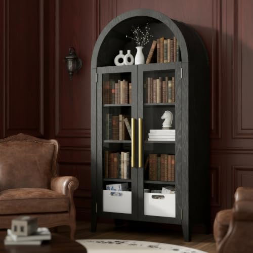 NicBex 63" Arched Storage Cabinet W/Glass Doors, 5-Tier Bookshelf, Black by NicBex - Used condition - Image 2