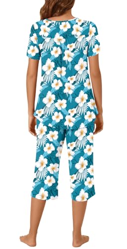 Image of Womens Summer Pajama Sets 2 Piece Short Sleeve Top and Capri Pants Plus Size Ladies Lounge Pjs Sets with Pockets