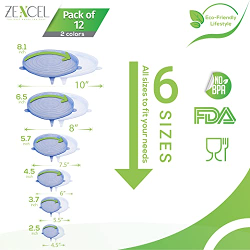 Zexcel Silicone Stretch Lids Pack Of 12, Blue And Transparent-Washable And Reusable Bowl Covers Fits To Various Sizes Of Food Containers 100% Bpa Free Silicone Lids, Dishwasher And Microwave Safe (Pack Of 12, Blue & Transparent) #TOP1