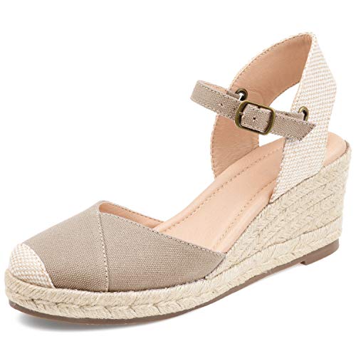 LAICIGO Women's Espadrilles Wedge, Cap Toe Ankle Strap Buckle, Slingback Summer Platform Slippers, 1-khaki, 7