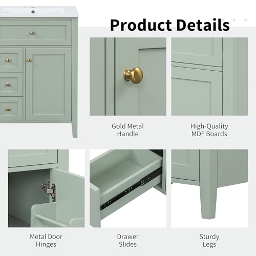 Image of Favfurish 24 inch Sage Green Bathroom Vanity with Ceramic Sink, Rubberwood Frame Freestanding Storage Cabinet w /3 Drawers & Tilt-Out Drawer, Adjustable Shelf, Heavy-Duty 150 lb Capacity for Small Space