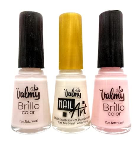 Valmy Colección de Esmaltes Tradicionales Normales - Pack Uñas Francesas (Nail Art Blanco, Brillo Color 01 y Brillo Color 06) (14 ml c/u)