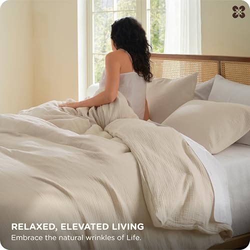 Image of Bedsure PureWoven 100% Cotton Muslin Duvet Cover Queen Size 3-Layer Gauze