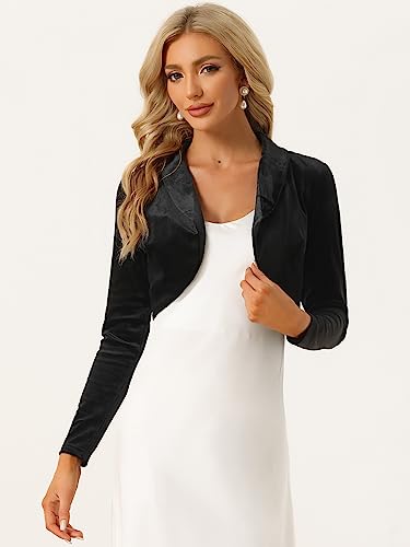 Image of Allegra K Long Sleeve Velvet Shrug Top for Women's Open Front Cocktail Party Cropped Bolero Cardigan