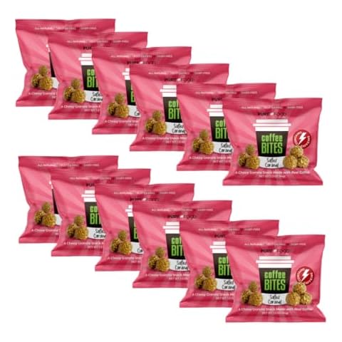 Gluten Free Single Serve Salted Caramel “Coffee Bites” from Pure Food by Estee – 1.2oz Pouch (12 Pack) | Chewy Granola + Real Arabica Coffee + Salted Caramel = Wholesome Mini Granola Cereal Bars | 100 Calories Per Serving | Vegan | Kosher | Allergen Friendly Cover