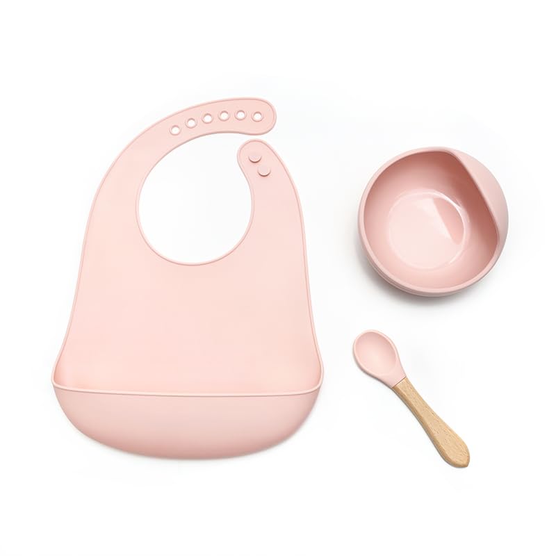 Image of Kids Station 2 Piece BPA-Free Silicone Baby Feeding Set - Bowl - Spoon - Happy Mealtime - Tableware Meal Utensils for Kids with Suction - Baby Feeding Product (Set of 3, Light Pink)
