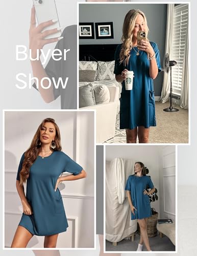 Image of Ekouaer Sleep Shirts for Women Nightgown Short Sleeves T shirt Night Dress Round Neck Womans Nightgown with Pocket S-XXL
