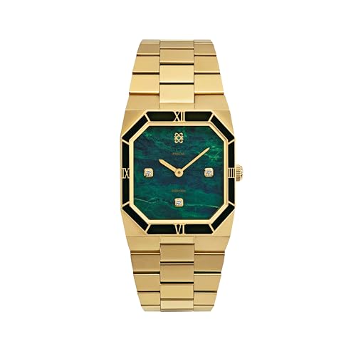 PASCAL Octagonal Enamel Diamond Watch for Men Women, Lab-Grown Diamond Markers, Gold Stainless Steel Bracelet, Swiss Quartz Movement, Sapphire Crystal, 3 ATM Water Resistant, Luxury Gift Watch (Green)
