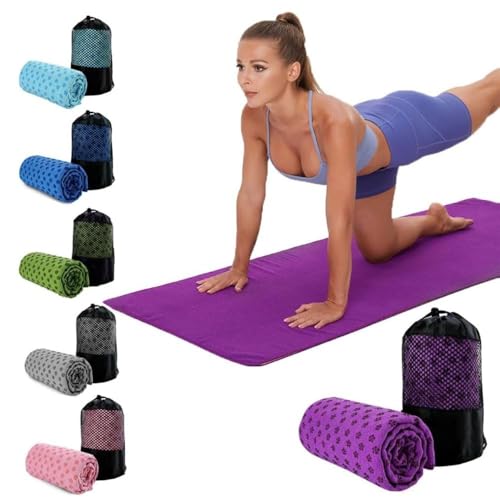 Yoga Mat Towel Sweat 183x63 CM Absorbent Non-slip Yoga Blanket Towel Quick-drying Hot Yoga Mat Cloth Yoga Mat Towel with Mesh Carrying Bag Hot Yoga Towel for Bikram, Pilates, Gym Workout (Purple)