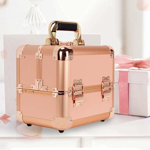Image of Adson Professional Makeup Box Cosmetics Case Jewelry Organiser Vanity Make Up Storage Box Beauty Train Case Lockable with Keys (Metallic Dusty Rose Gold)