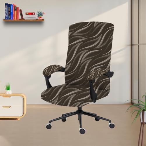 Image of ELEGANTA Stretch Boss Office Chair Cover Printed Computer Chair Covers with Armrest Cover Universal Removable Spandex Rotating Chair Slipcovers Soft Desk Chair Seat Protector Brown Leaf (Pack of 1)