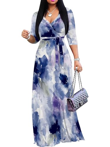 Image of SUZONANA Plus Size Dresses for Women Floral Print Maxi Dress Flowy 3 /4 Sleeve with Belt