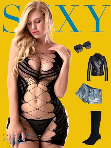 Sexy Lingerie for Women Fishnet Halter Chemise Deep V Hot Mesh Mini Dress Bodysuit Valentine's Day Stripper Outfits