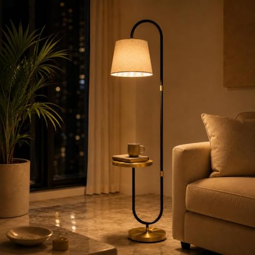 Image of Deco Crush Modern Floor Lamp with Built-in Side Table, Tall Standing Reading Lamp with Fabric Shade, Metal Floor Light for Living Room, Bedroom, Office, Study and Home Decor