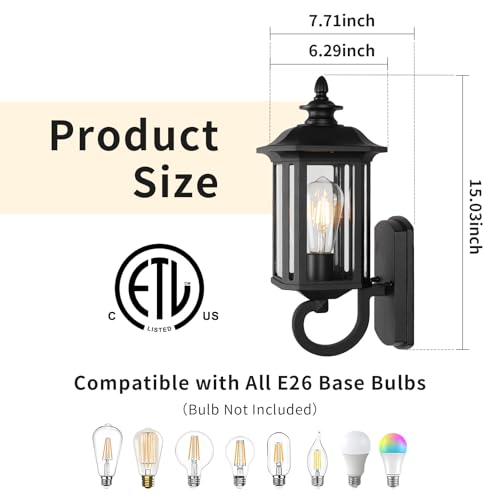 Image of JYZ 15 inch Outdoor Wall Light Fixture, Classic Exterior Waterproof Wall Lantern, Matte Black Anti-Rust Sconce with Clear Glass Shade, E26 Base Outside Porch Lights for Patio Garage Door