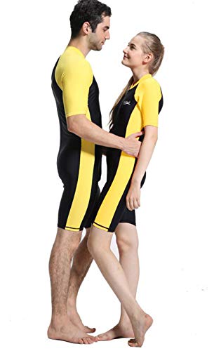 BIKMAN One-Piece Snorkeling Surfing Swim Suit Short Sleeves Plus Size Swimwear- Sun Protection (M(Weight:115.5lbs-137.5lbs), Yellow)