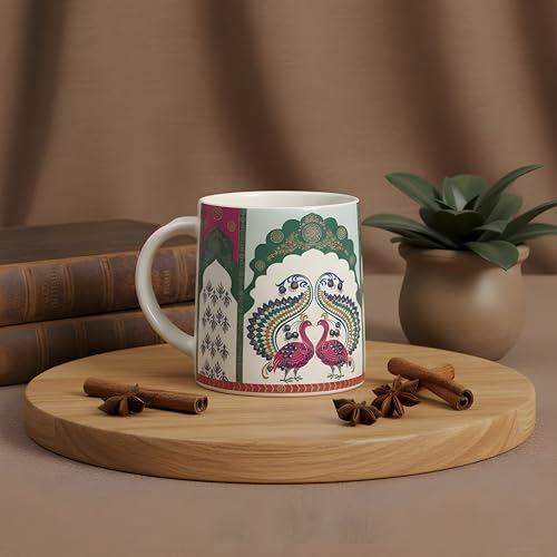 Image of miah decor Neelmayur Royale Collection Handcrafted Ceramic Coffee Cups Set of 6 | Mughal Peacock Design Tea & Coffee Mugs | Green & Maroon on Cream Base | Microwave & Dishwasher Safe