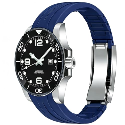Image of Juntan 18mm 20mm 21mm 22mm Curved End Rubber Watch Band, Tapered Silicone Curved Replacement Watch Strap for Men Women with Metal Classic Diving Buckle