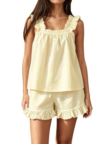 Image of Womens Summer 2 Piece Set Fashion Ruffle Trim Cami and Casual Shorts Set Cotton Pajama Sets