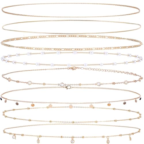 Ptwola 8 Stüc Bauchkette Gold Damen Verstellbarer Taillenketten Körperketten Bikini Taillenschmuck 18K Vergoldet Belly Waist Chain für Frauen Mädchen