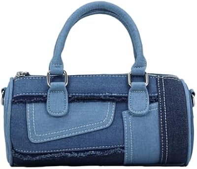 Mini Small Denim Purse Shoulder Bags, Jean Boston Barrel Bags for Women, Crossbody canvas bag denim...