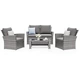 Amopatio 4 Piece Outdoor Wicker Patio Furniture Set, PE Rattan Sectional Sofa with Thick Cushions & Tempered Glass Table, Weather-Resistant Patio Conversation Sets for Balcony, Backyard, Garden, Grey