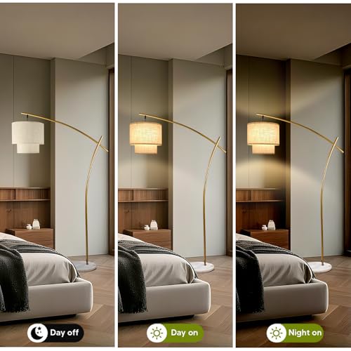 Image of Lightdot Arc Floor Lamp for Living Room, Modern Standing Tall Lamps with Double Linen Shade, Tall Hanging Pole Lamp with Stable Base & Bulb Included for Bedroom /Sofa Beside /Corner Decor-Gold
