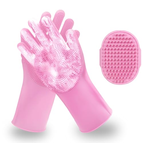 Kemodia 2 Piece Pink Pet Bath Supplies with Dog Washing Gloves and Dog Bath Scrubber
