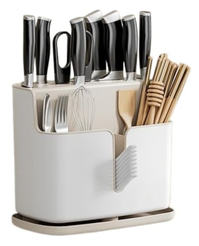 家庭用水切りナイフラック プラスチック包丁ラック 壁掛け式キッチン箸収納スタンド 多機能箸立て水切りラック 調理器具置き場 卓上/壁掛け両用 調理道具整理棚 (ベージュ)