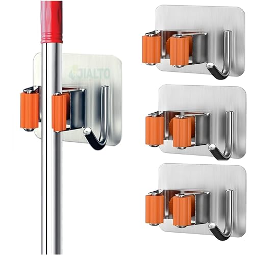 Image of JIALTO 3 Pcs Adhesive Mop Holder and Broom Holder Wall Mounted Stainless Steel | Heavy Duty Mop & Broom Organizer with Hooks | Adhesive Storage Rack for Kitchen, Bathroom - Orange