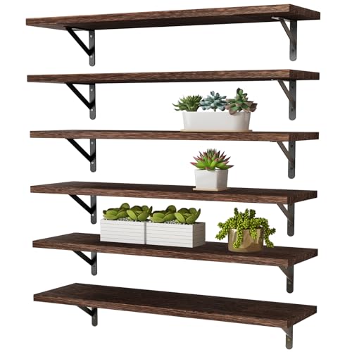 Image of YGEOMER 23.6 Inch Floating Shelves for Wall, Farmhouse Wall Shelves for Bedroom, Bathroom Storage, Living Room and Kitchen Decor (Set of 6 Brown)
