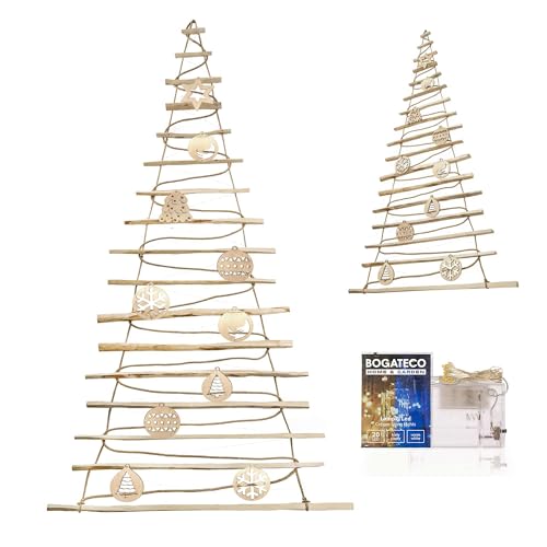 BOGATECO Árbol de Navidad hecho a mano de 205 cm de alto con decoraciones, colgante decorativo, con luces LED de 10 m, placas de madera de avellana unidas a una cuerda de yute con un grosor