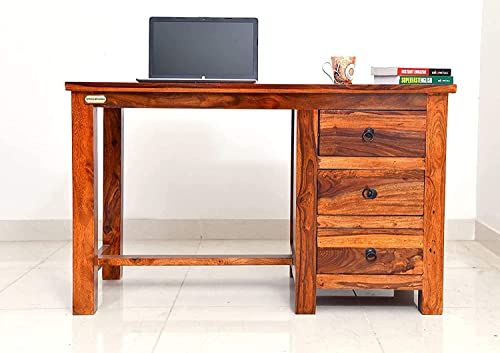 Image of Wooden Study Writing Table with 3 Storage Drawer for Study Room Living Room Hall Home Office Soild Sheesham Wood | Honey Finish